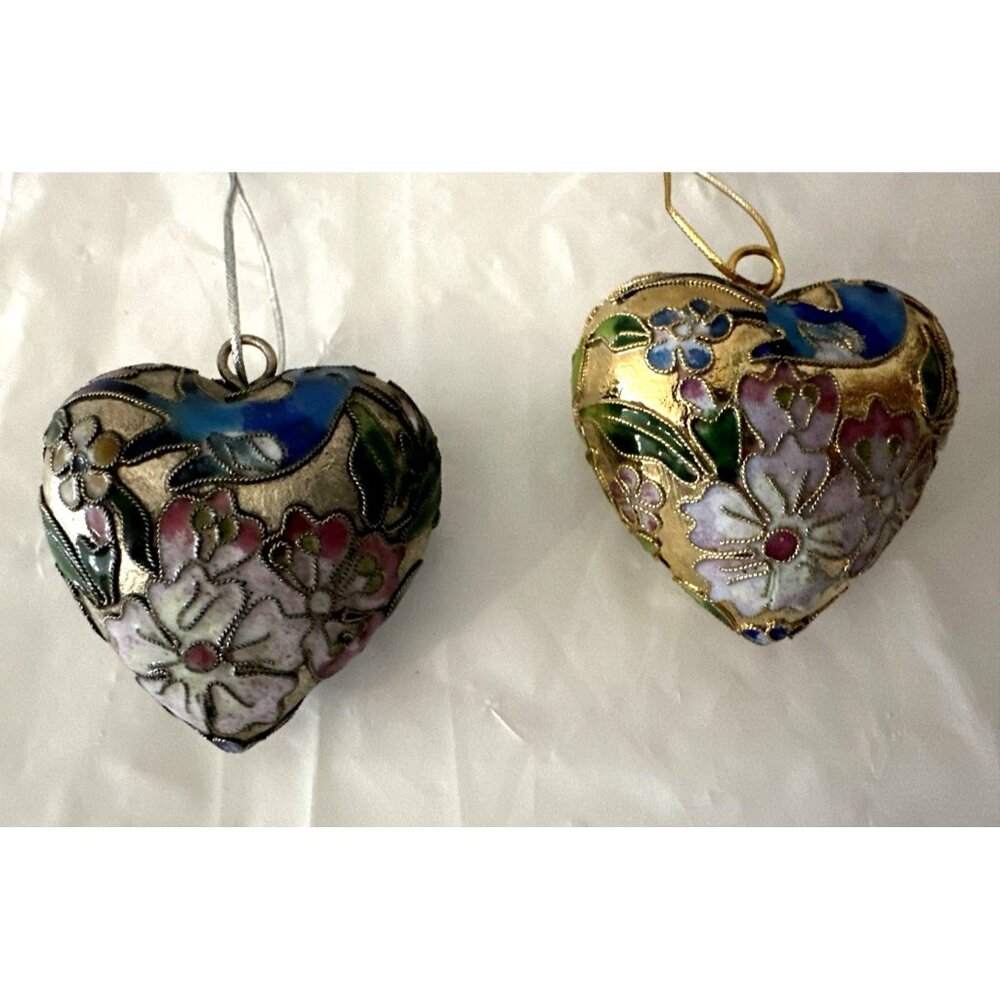 Set of 2 Metal Heart Cloisonne Christmas Ornaments Bluebird Flower Gold & Silver
